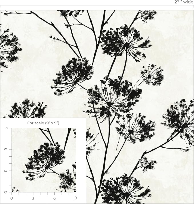 NextWall Harry & Grace Dandelion Floral Peel and Stick Wallpaper (Ebony)