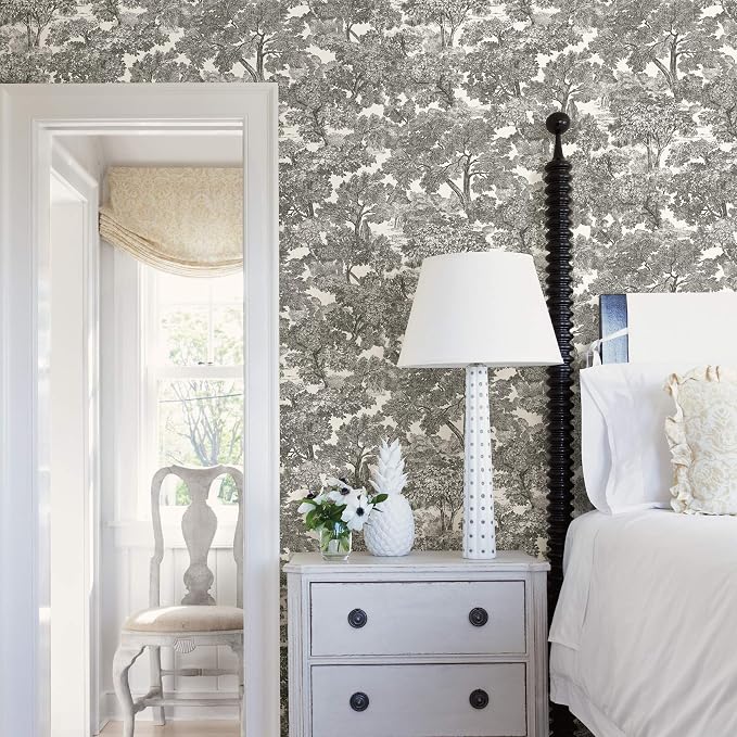 Chesapeake Black Spinney Toile Wallpaper, Prepasted, Washable, Strippable, 20.5 in x 33 ft