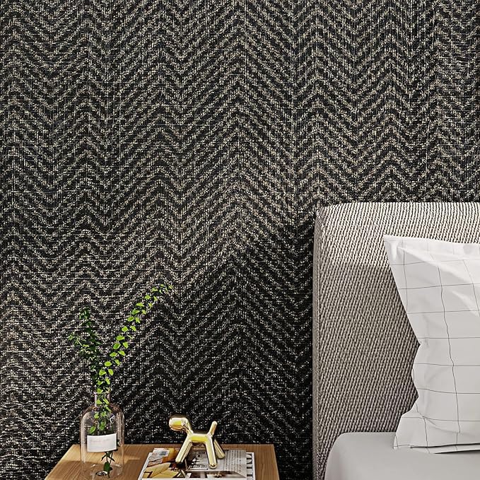 FunStick 15.8"x240" Black and Gold Grasscloth Wallpaper Self Adhesive Fabric Peel and Stick Wallpaper Geometric Wallpaper Removable Modern Herringbone Contact Paper for Bedroom Cabinets Desk Shelves