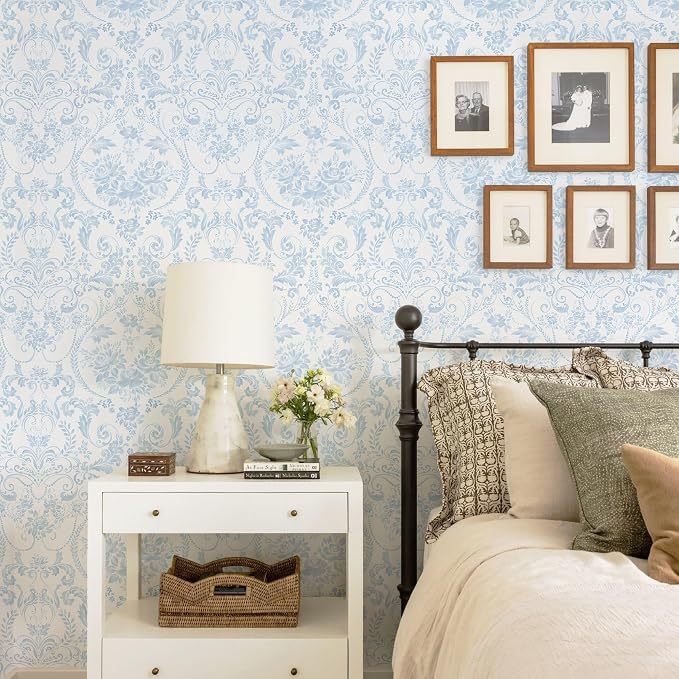 Ismoon Blue and White Wallpaper Floral Peel and Stick Wallpaper 17.3in x 32.8ft Vintage Damask Blue Contact Paper Boho Removable Watercolor Wall Paper for Bedroom Bthroom Kitchen Décor Vinyl