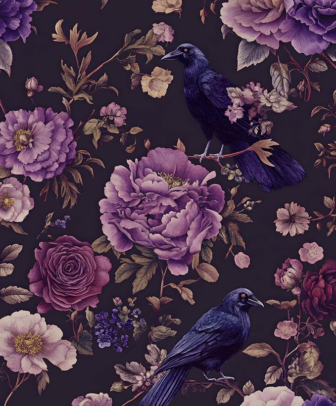 Gothic Dark Purple Crow Floral Wallpaper Peel and Stick 17.5"x118" | Self Adhesive/Removable/Waterproof/Thick Vinyl Vintage Contact Paper for Bathroom Bedroom Shelf Cabinet Drawer,Prepasted
