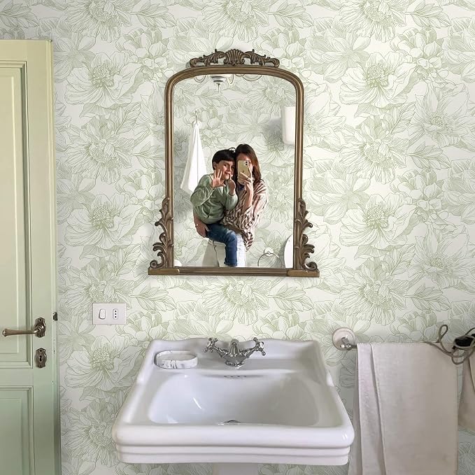 Ismoon Vintage Floral Wallpaper Peel and Stick Beige and Green Contact Paper 17.3inx16.3ft Removable Self Adhesive Wall Paper for Bathroom Bedroom Cabinet Mural Wall Decor Vinyl Renter Friendly