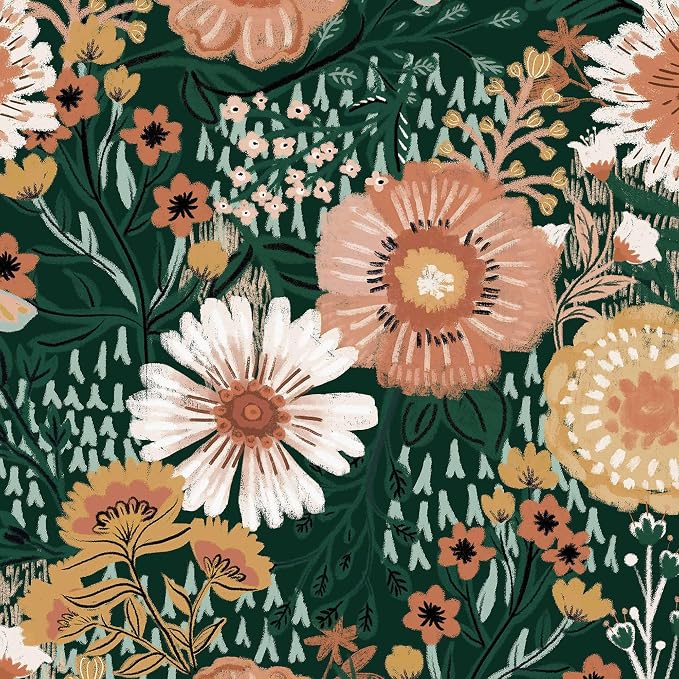 Boho Retro Dark Green Wallpaper Peel and Stick Wallpaper Vintage Floral Contact Paper 17.3''x362'' Bohemian Removable Wall Paper Renter Friendly Waterproof Wall Mural Bedroom Bathroom Vinyl
