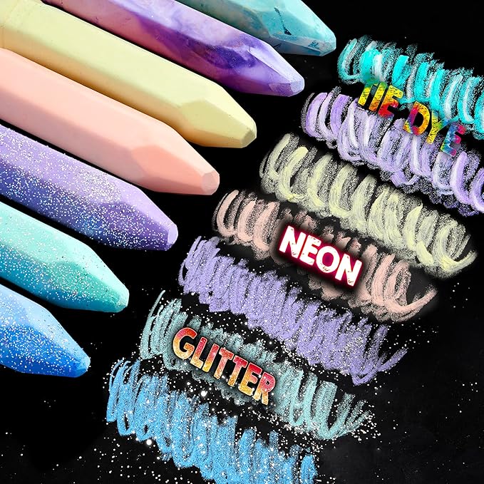 JOYIN 36 PCS Washable Sidewalk Chalk, 6 Packs Total, 3 Styles (Tie-Dye, Glitter & Neon), Outdoor Chalks for Painting, Drawing, Gifts for Kids