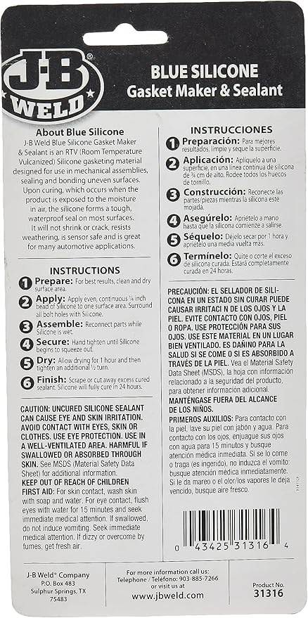 J-B Weld 31316 RTV Silicone Gasket Maker and Sealant - 3 oz. - Blue (Pack of 2)