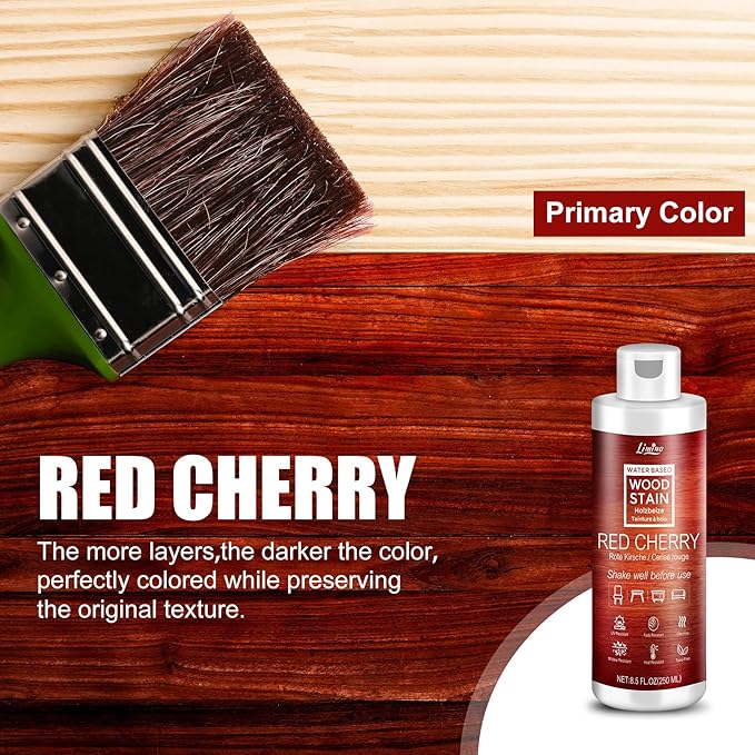 Water Based Wood Stain - Red Cherry | Wood Varnish for Indoor ＆ Outdoor Furniture, Wardrobe, Cabinets, Doors, Low Odor ＆ Non-Toxic, Fast Drying, Multiple Classical Finishes - 8.5fl.oz / 250ml