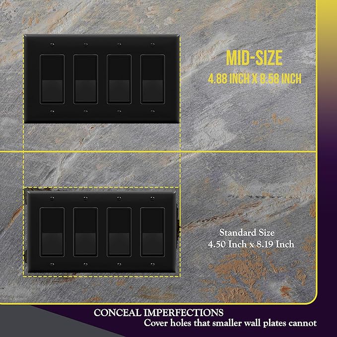 ENERLITES Quadruple Decorator Switch Cover, Four Outlet Wall Plate, Glossy Finish, Mid-Size 4-Gang 4.88" x 8.58", Unbreakable Polycarbonate Thermoplastic, UL Listed, 8834M-BK, Black