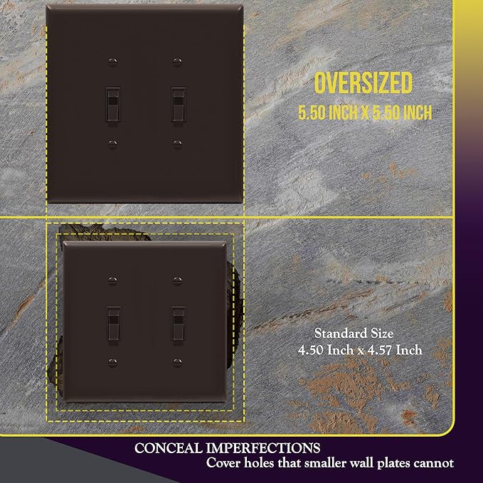 ENERLITES Double Toggle Switch Cover, Two Gang Light Switch Wall Plate, Gloss Finish, Oversized 2-Gang 5.5" x 5.5", Unbreakable Polycarbonate Thermoplastic, UL Listed, 8812O-BR, Brown