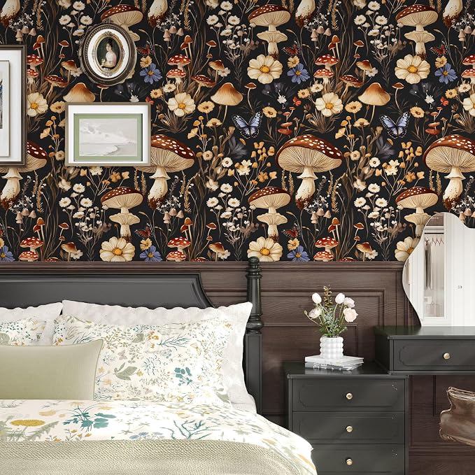 BOKEBEVE Mushoroom Wallpaper Peel and Stick Boho Black Brown 17.5 x 393.5In | Extra Long Removable Renter Friendly Vintage Floral Wall Paper for Bedroom Bathroom Cabinet Drawer Feature Accent Wall