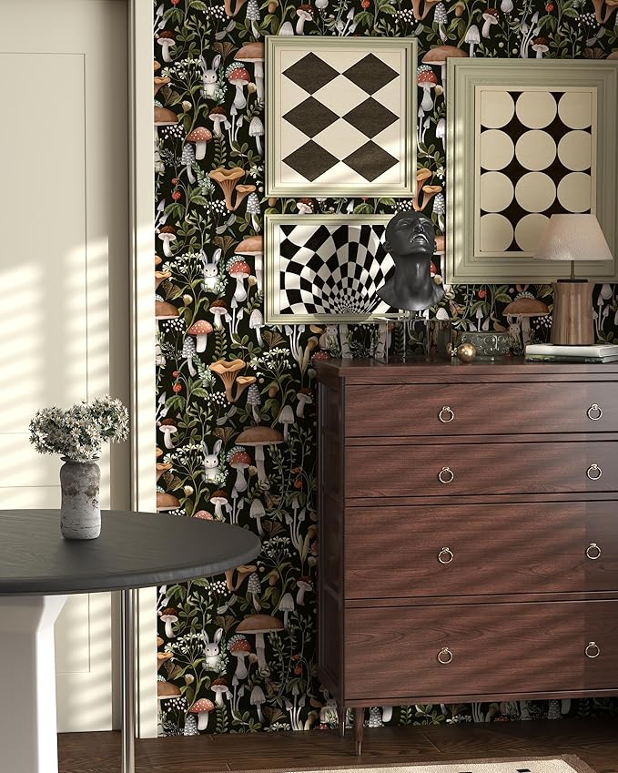 Mushroom Wallpaper Peel and Stick Black Contact Paper 17.7"×393" | Self Adhesive Wallpaper Removable Boho Leaf Forest Contact Paper for Cabinets Kitchen Vintage Wallpapers Waterproof Vinyl