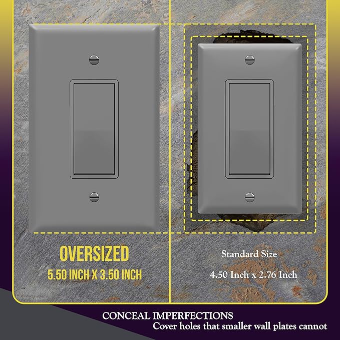 ENERLITES Decorator Light Switch or Receptacle Outlet Wall Plate, Gloss Finish, Oversized 1-Gang 5.5" x 3.5", Unbreakable Polycarbonate Thermoplastic, UL Listed, 8831O-GY-10PCS, Gray, 10 pack
