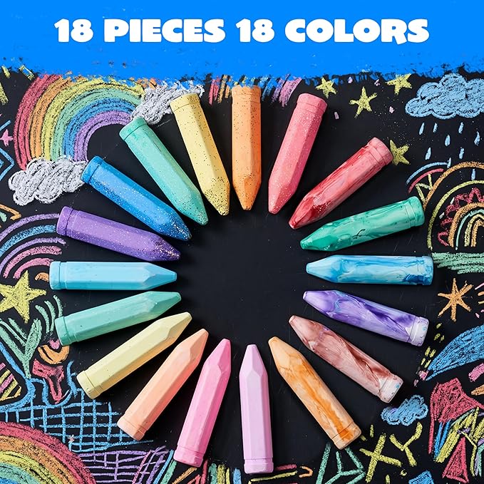 JOYIN 18 PCS Washable Sidewalk Chalk, 3 Packs Total, 3 Styles (Tie-Dye, Glitter & Neon), Outdoor Chalks for Painting, Drawing, Easter Basket Stuffers