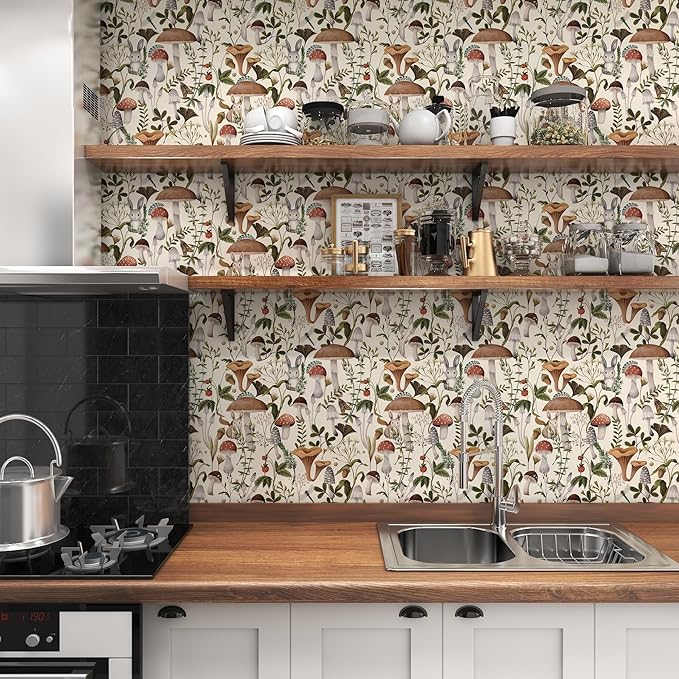 Mushroom Wallpaper Peel and Stick Forest Contact Paper 17.7"×78.8" | Self Adhesive Wallpaper Removable Vintage Beige Leaf Contact Paper for Cabinets Kitchen Mushroom Wallpapers Waterproof Vinyl