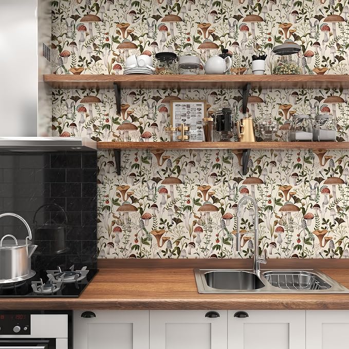 Mushroom Wallpaper Peel and Stick Boho Contact Paper 17.7"×393" | Self Adhesive Wallpaper Removable Beige Forest Vintage Contact Paper for Cabinets Kitchen Leaf Wallpapers Waterproof Vinyl