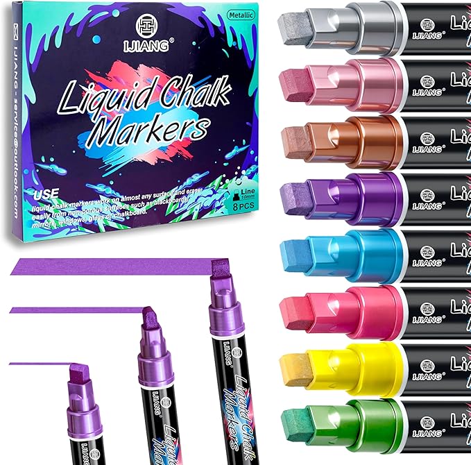 IJIANG Metallic Chalk Markers 8 Colors, Jumbo Liquid Chalk Markers with 10mm 3-in-1 Tips Perfect for Window Cars Glass Mirror and Blackboard Whiteboard Chalkboard, Dry & Wet Erase Pens