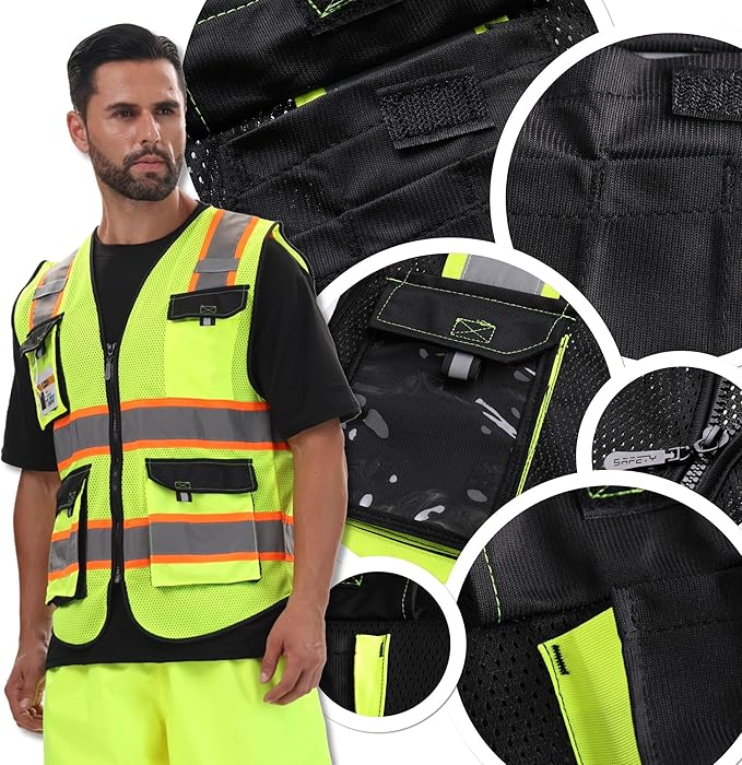 JKSafety Hi Vis Reflective Safety Vests for Men Women High Visibility Vest with Pockets Mesh Fabric Construction Safety Apparel Neon Vest for Work (220-Black 3XL)