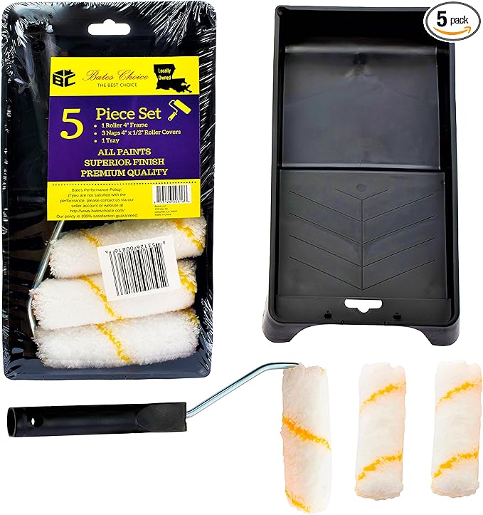 Bates- Paint Tray Set, 4 inch Paint Roller, Paint Tray, Foam Roller, Roller Brush, Small/Mini 4", House Painting Supplies, Paint Roller Covers, Roller Frame, Roller Naps