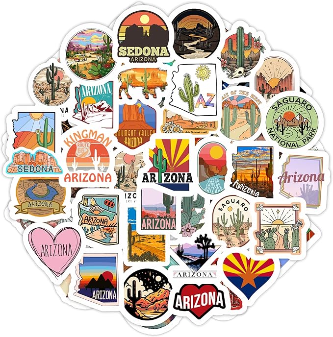 BulbaCraft 100Pcs Arizona Stickers for Water Bottle and Laptop - Arizona Party Supplies & Decorations, Waterproof Vinyl Decals, State Pride and Icon Stickers, Gifts for Women & Men