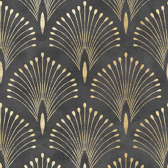 Livelynine 17.5x591 Dark Art Deco Wallpaper Black and Gold Abstract Wallpaper Peel and Stick Removable Peacock Feather Contact Paper Vinyl Luxury Metallic Geometric Modern Accent Wall Decoration