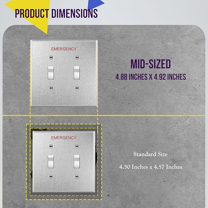ENERLITES Toggle Light Switch Metal Cover Plate with Emergency Label, Stainless Steel Wall Plate, Corrosion Resistant, Mid-Size 2-Gang 4.88" x 4.92", 430 Stainless Steel, 7712M-E, Silver (Pack of 1)