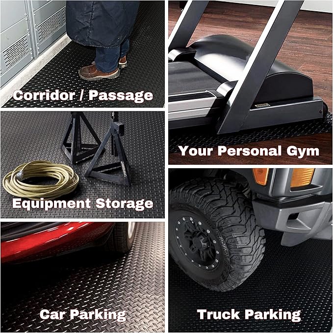 SEAL 4 x 15 FT Premium Garage Floor Mat, Solid 2.8mm Thick Lay-Flat Black Commercial Grade Heavy Duty Parking Mat for Garage Floor, Golf Cart, Water/Stain Resistant Runner (Embossed Diamond Plate)
