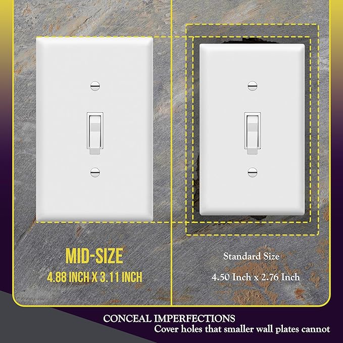 ENERLITES Mid-Size Toggle Light Switch Wall Plate Covers, Gloss Finish, Single Gang 4.88" x 3.11", Unbreakable Polycarbonate Thermoplastic, UL Listed, 8811M-W-10PCS, White, 10 Pack