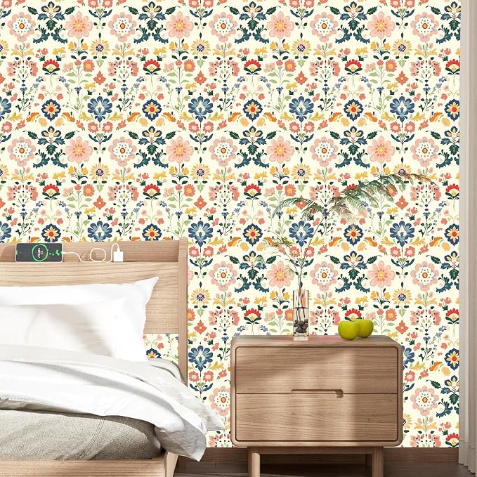 ILHIIOR Pink Floral Peel and Stick Wallpaper Boho Leaf Contact Paper Yellow Flower Removable Self Adhesive Waterproof Wall Paper for Cabinet Drawers Wall Decor Renter Friendly 17.5''x118''
