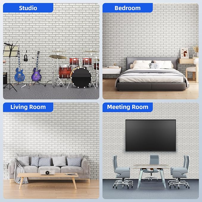 12 Pack Acoustic Panels with Self Adhesive Sound Proof Foam Panels for Wall | 12" X 12" X 0.4" High Density Soundproof Wall Panels, Brick Sound Absorbing Panels for Home Studio Office Decor - Ivory