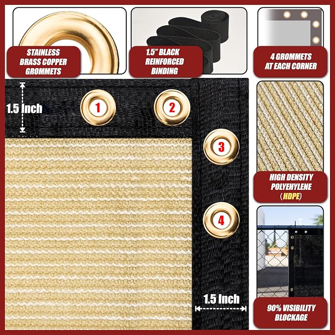 Amgo Custom Made 8' x 105' Beige Fence Privacy Screen Windscreen with Bindings & Grommets, Heavy Duty for Commercial and Residential, 90% Blockage, Cable Zip Ties Included (We Customize)