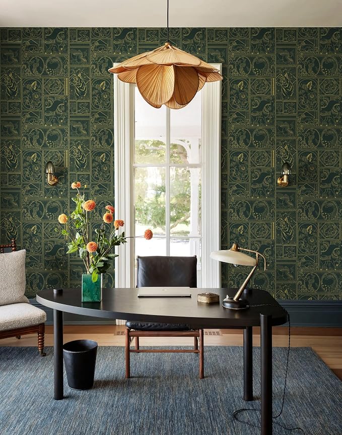 Erfoni 197"x17.7" Green and Gold Wallpaper Vintage Self Adhesive Peel Stick Wallpaper Retro Animail Pattern Contact Paper DIY Stick and Peel Removable Wall Paper Decoration Bedroom Wall Vinyl Roll