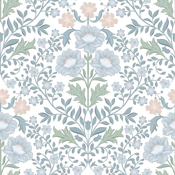 PeonyQueen Floral Peel and Stick Wallpaper 17.3"x197" Boho Contact Paper | Self Adhesive Removable Wall Paper for Bathroom Bedroom Blue and White Wildflower Wallpapers for Walls Home Decorate Vinyl