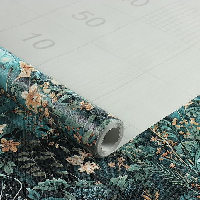 Floral Peel and Stick Wallpaper Teal Contact Paper 17.3in x 393in | Botanical Self Adhesive Wallpaper Vintage Floral Decor Vinyl for Bathroom Cabinets Teal Flower Removable Wall Paper Roll