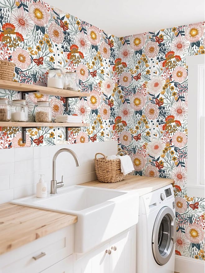 Dimoon Floral Wallpaper Peel and Stick Wallpaper Boho Retro Contact Paper 17.3''x362'' White Bohemian Vintage Removable Wall Paper Renter Friendly Waterproof Wall Mural Bedroom Bathroom Vinyl
