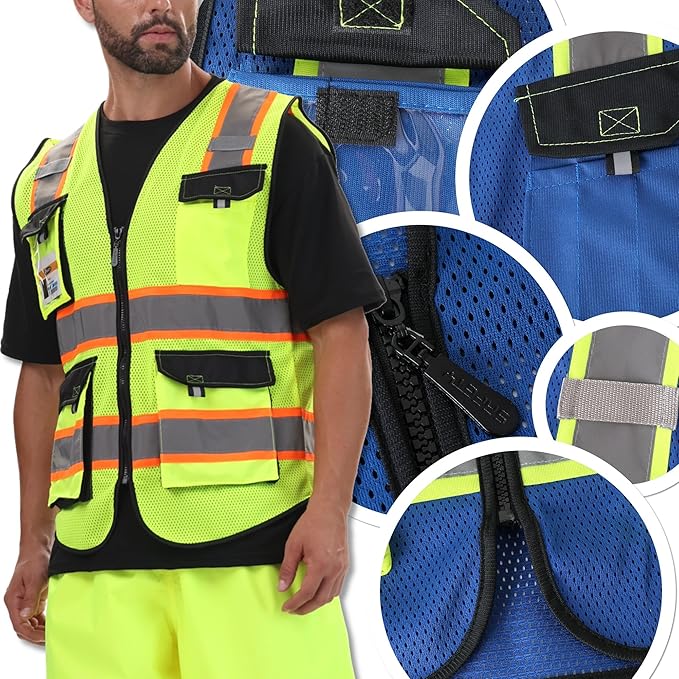 JKSafety Hi Vis Reflective Safety Vests for Men Women High Visibility Vest with Pockets Mesh Fabric Construction Safety Apparel Neon Vest for Work (220-Blue XL)