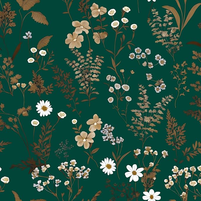 Laatse Dark Floral Wallpaper Peel and Stick 17.5in x393in Vintage Green Gold Leaf Wallpaper Vinyl Waterproof Self-Adhesive Boho Botanical Wall Paper Mural for Cabinet Bookcase Bedroom Decor