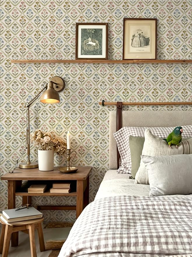 Dimoon Vintage Peel and Stick Wallpaper Retro Botanical Contact Paper Farmhouse Wallpaper Cottage Renter Friendly Removable Geometric Wall Paper for Bathroom Kitchen Textured Vinyl 17.3''x394''