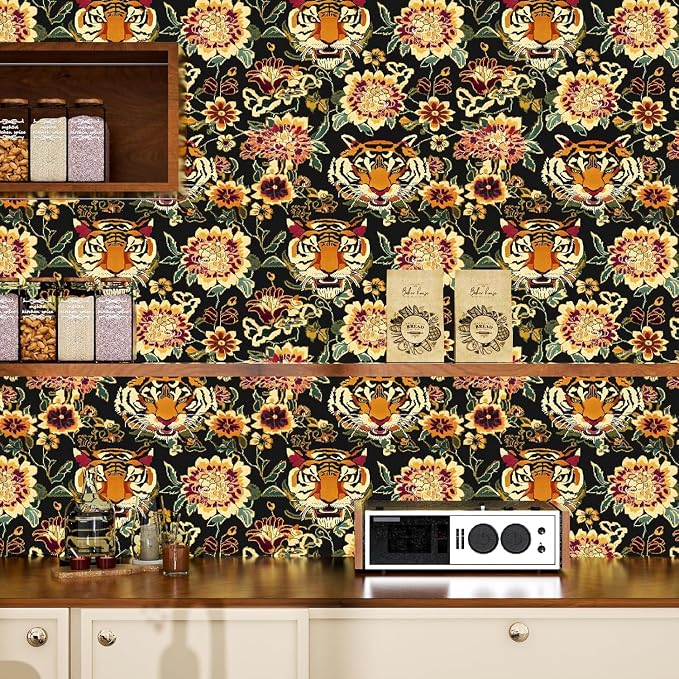 Yellow Gold Vintage Tiger Peel and Stick Wallpaper 17.5" x 787" | Waterproof Vinyl Self Adhesive Removable Renter Friendly Floral Contact Paper
