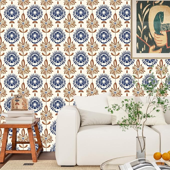 BOKEBEVE Boho Floral Peel and Stick Wallpaper Beige Brown 17.5 x 118In | Symmetry Contact Paper Modern Wall Paper for Bedroom Accent Walls Laundry Nursery Pantry Renter Friendly Removable