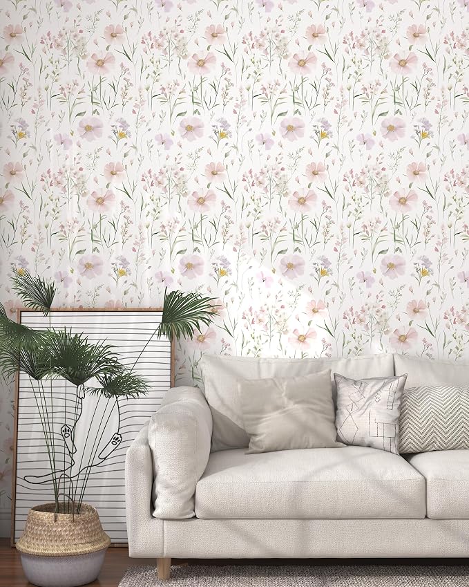Floral Peel and Stick Wallpaper Boho Contact Paper 17.3"×197" | Self Adhesive Removable Wallpaper Pink Floral White Wildflowers Wall Paper for Bedroom Bathroom Art Deco Wallpapers Vinyl