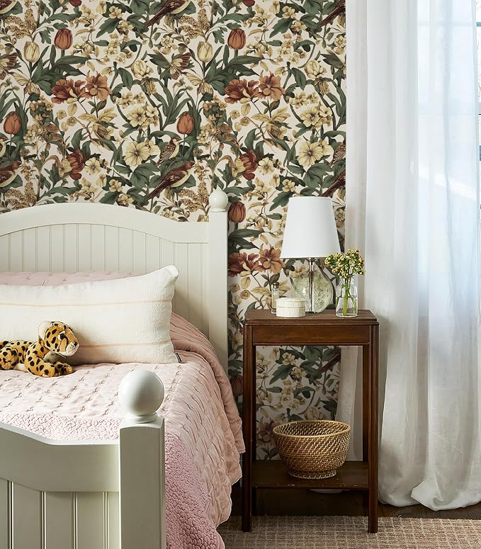Erfoni 17.3" x118" Floral Birds Wallpaper Vintage Floral Peel and Stick Wallpaper Decoration DIY Self Adhesive Contact Paper Removable Wall Paper for Bedroom Cabinets Covering Boho Flower Leaf Beige