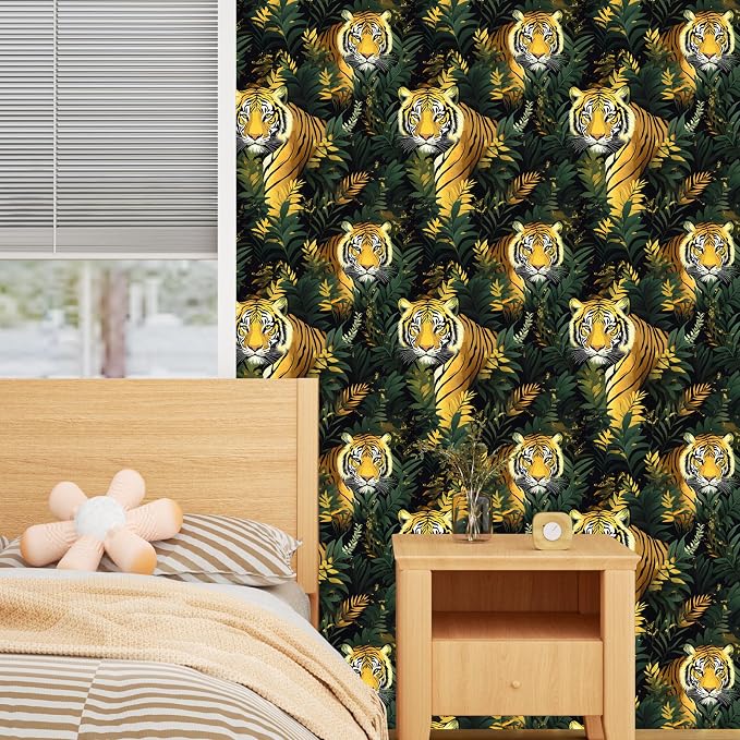 Gold Vintage Tiger Peel and Stick Wallpaper 17.5" x 118" | Waterproof Vinyl Self Adhesive Removable Renter Friendly Floral Contact Paper