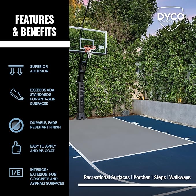 DYCO Court & Floor Anti-Slip Coating - Slip-Resistant Pavement, Cement & Concrete Paint for Pickleball, Tennis & Basketball Courts, Exceeds ADA Standards for Safety Areas (Ash Gray, 5 Gallons)