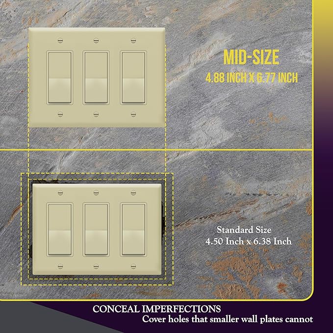 ENERLITES Decorator Light Switch or Receptacle Outlet Wall Plate, 3-Gang 4.88" x 6.77", Gloss Finish, Mid-Size, Polycarbonate Thermoplastic, UL Listed, 8833M-I, Ivory