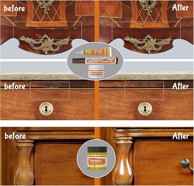 REALINN Wood Furniture Repair Kit- Set of 28 - Touch Up Markers, Fillers with Wood Putty - Repair Scratch, Cracks, Hole, Discoloration for Wooden Door, Floor, Table, Cabinet