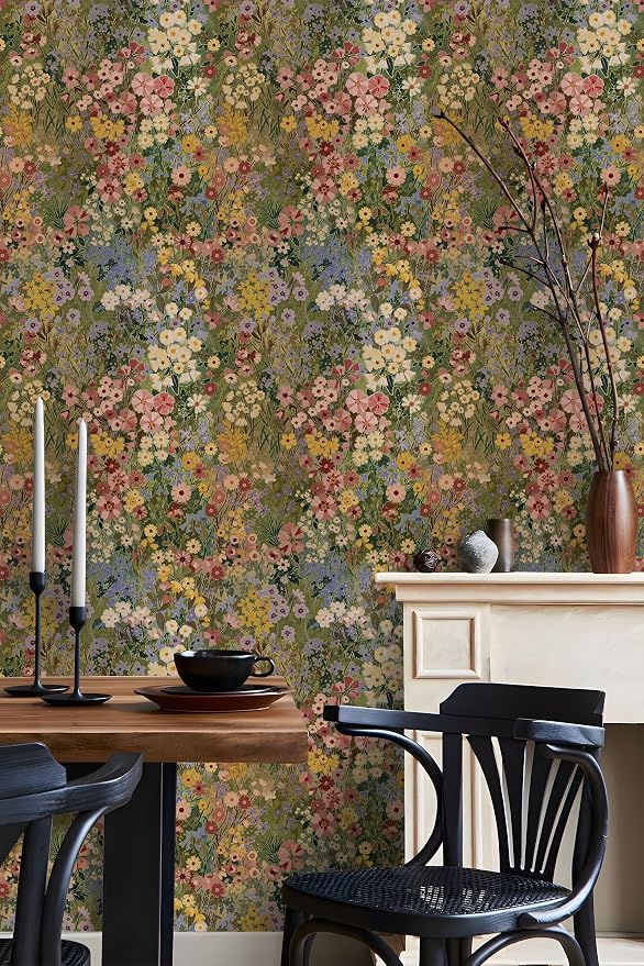 Floral Wallpaper Peel and Stick Boho Wall Paper Removable Waterproof Green Petal Pattern Contact Paper for Bedroom, Bathroom, Home Wall 17.3" x 236.3"