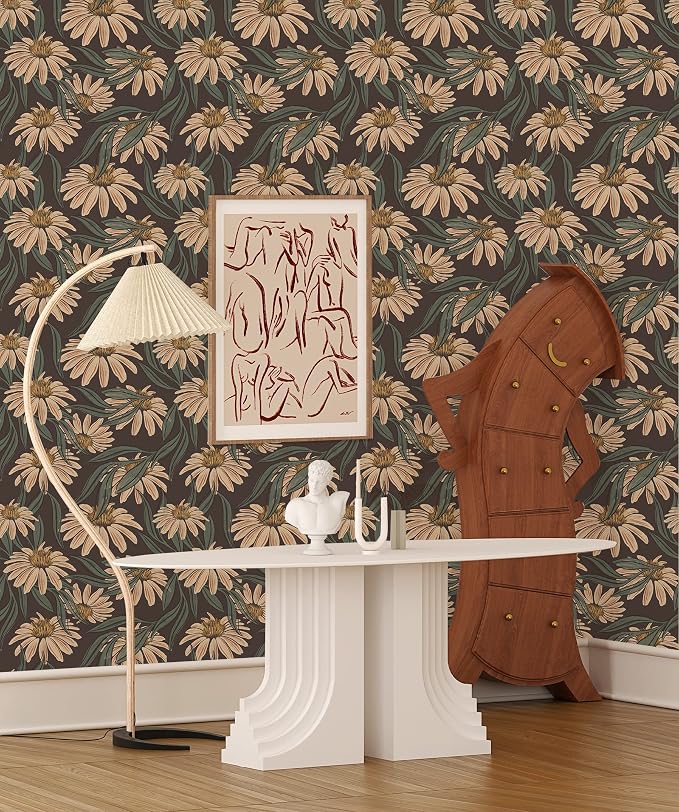 HAOKHOME Vintage Peel and Stick Wallpaper Floral Brown/PeachPuff/Green Daisy Wall Decor Home Bathroom Boho Decor 17.3in x 9.8ft
