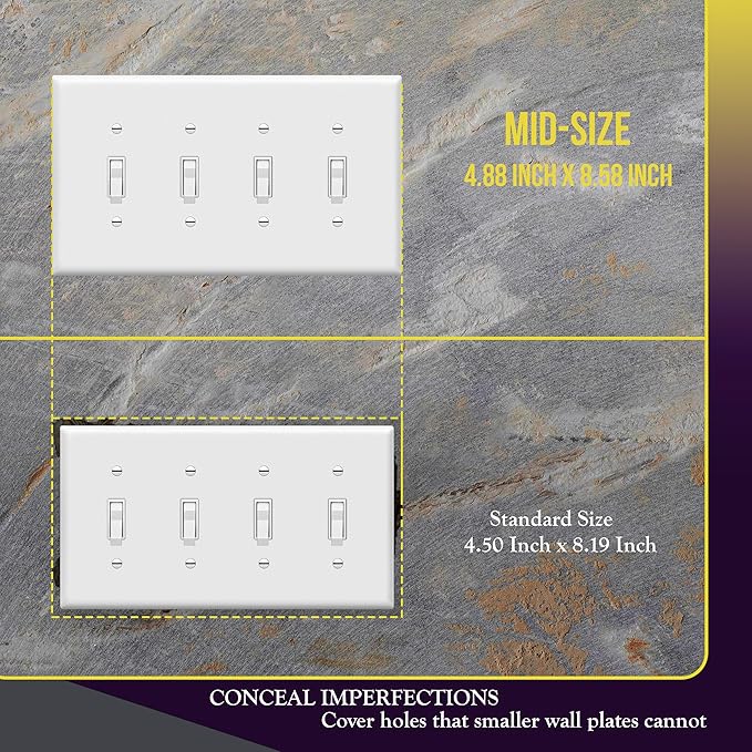 ENERLITES Toggle Light Switch Wall Plate, 4-Gang 4.88" x 8.58", Mid-Size, UL Listed, 8814M-W, White