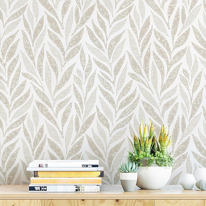 Safiyya 393"x17.3" Boho Peel and Stick Wallpaper Beige and White Wallpaper Leaf Self Adhesive Removable Wall Paper for Bathroom Bedroom Contact Paper for Walls Vinyl Roll