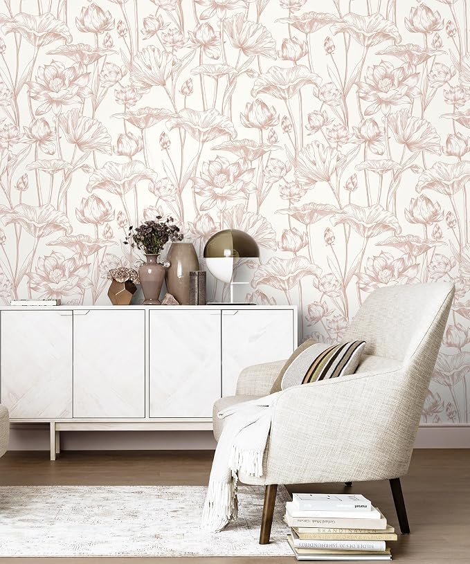 Timeet Floral Peel and Stick Wallpaper White and Pink Vintage Contact Paper 16" x 197" Lotus Self Adhesive Removable Wallpaper for Bedroom Bathroom Waterproof Decoration