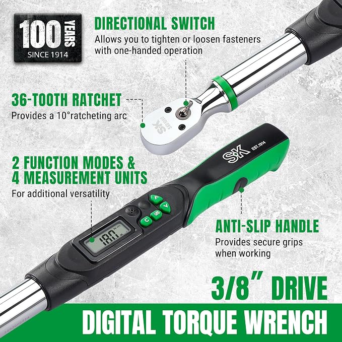 SK 3/8" Drive Digital Torque Wrench, 6.8 to 135 N-M, LED Display | Torquimetro, Four Units of Measure & Flash Notification